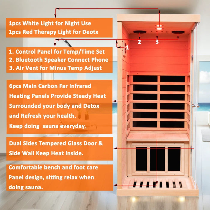 Mini Far Infrared Hemlock Sauna with Red Light Therapy and Bluetooth 1350W