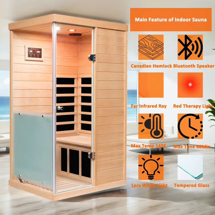 Mini Far Infrared Hemlock Sauna with Red Light Therapy and Bluetooth 1350W