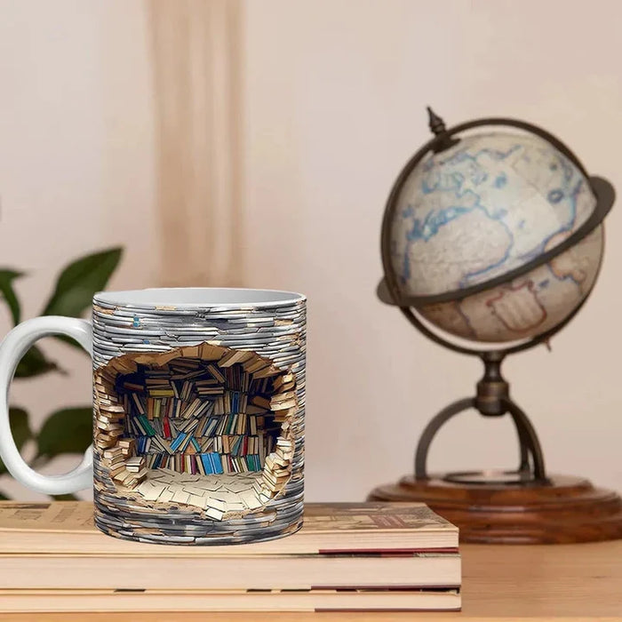3D Library Bookshelf Mug – Ceramic Coffee Mug Gift for Book Lovers