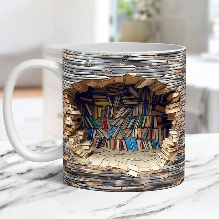 3D Library Bookshelf Mug – Ceramic Coffee Mug Gift for Book Lovers