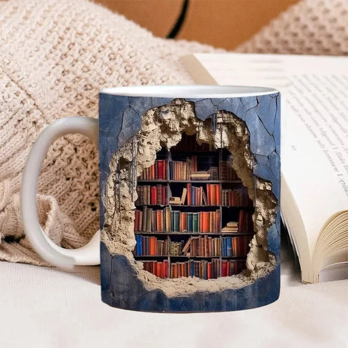 3D Library Bookshelf Mug – Ceramic Coffee Mug Gift for Book Lovers