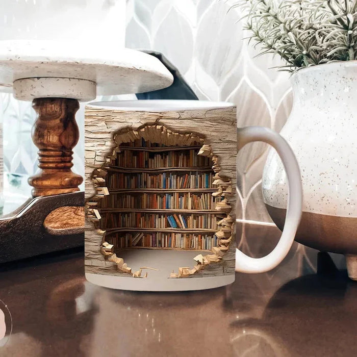 3D Library Bookshelf Mug – Ceramic Coffee Mug Gift for Book Lovers