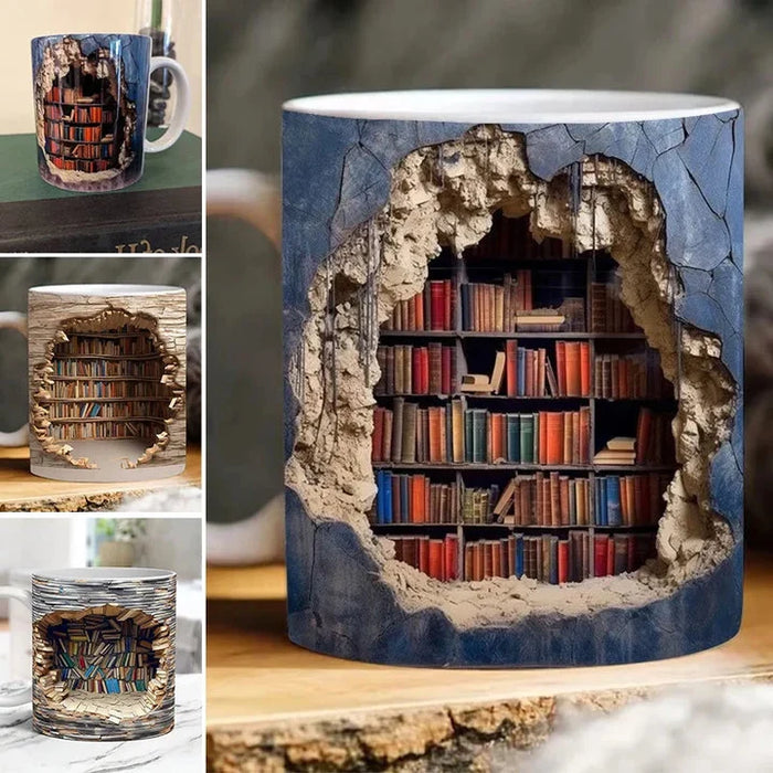 3D Library Bookshelf Mug – Ceramic Coffee Mug Gift for Book Lovers