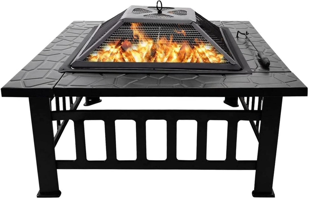 32 Inch Square Outdoor Metal Fire Pit with Mesh Cover and Poker