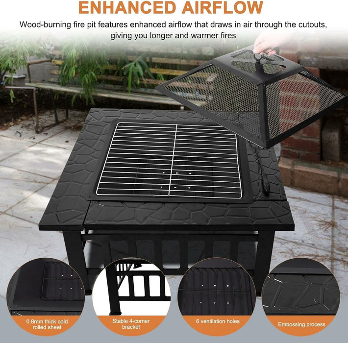 32 Inch Square Outdoor Metal Fire Pit with Mesh Cover and Poker