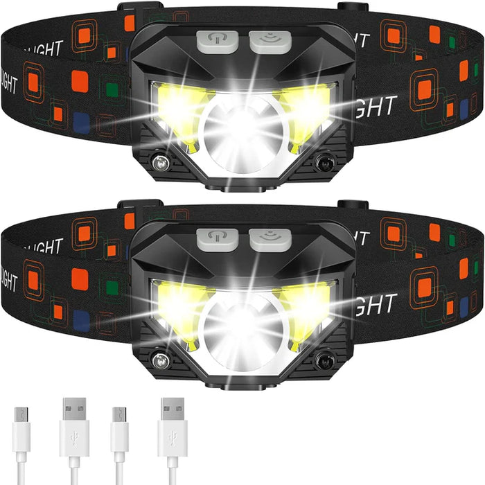 2-Pack Ultra-Bright LED Rechargeable Headlamp Flashlight – Waterproof, Motion Sensor & 8 Lighting Modes