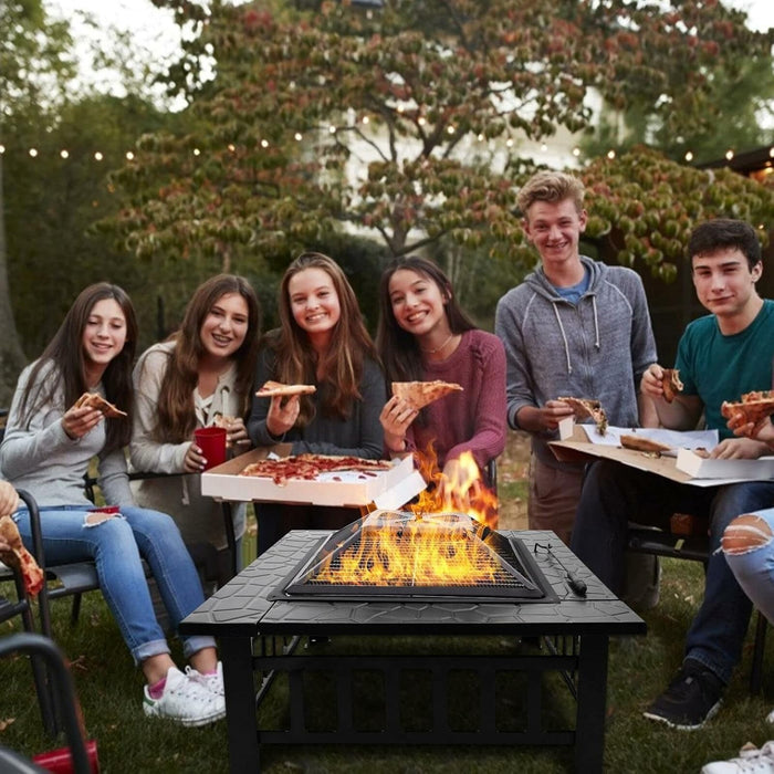 32 Inch Square Outdoor Metal Fire Pit with Mesh Cover and Poker