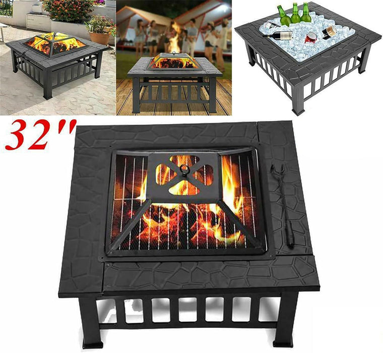 32 Inch Square Outdoor Metal Fire Pit with Mesh Cover and Poker