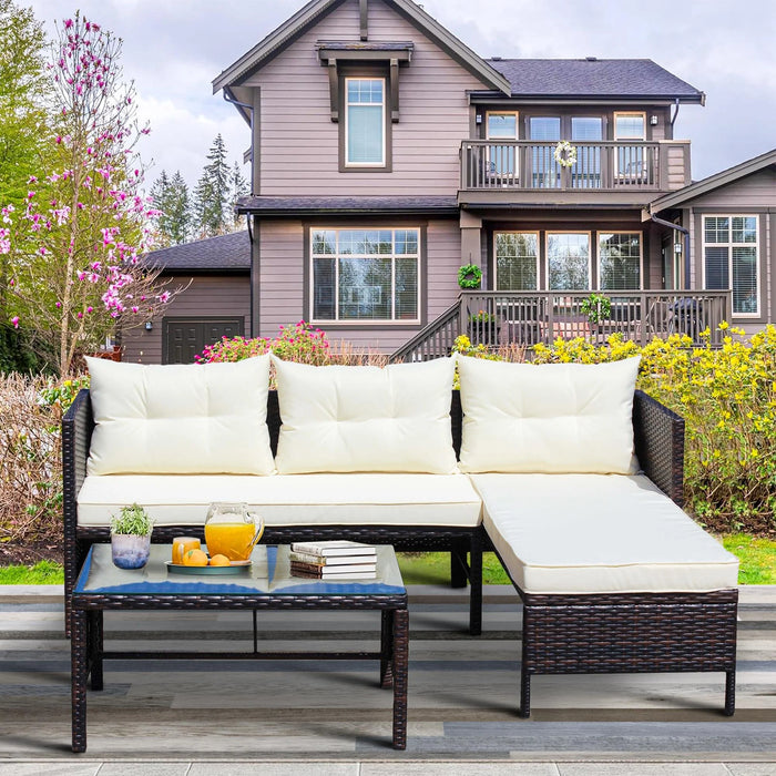 3 Piece Outdoor Patio Furniture Set, All Weather Wicker Conversation Set with Chaise Lounge