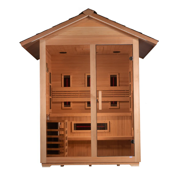 Golden Designs "Carinthia" 3 Person Hybrid (PureTech™ Full Spectrum IR or Traditional Stove) Outdoor Sauna - Canadian Hemlock