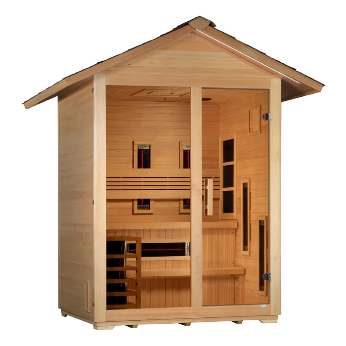 Golden Designs "Carinthia" 3 Person Hybrid (PureTech™ Full Spectrum IR or Traditional Stove) Outdoor Sauna - Canadian Hemlock