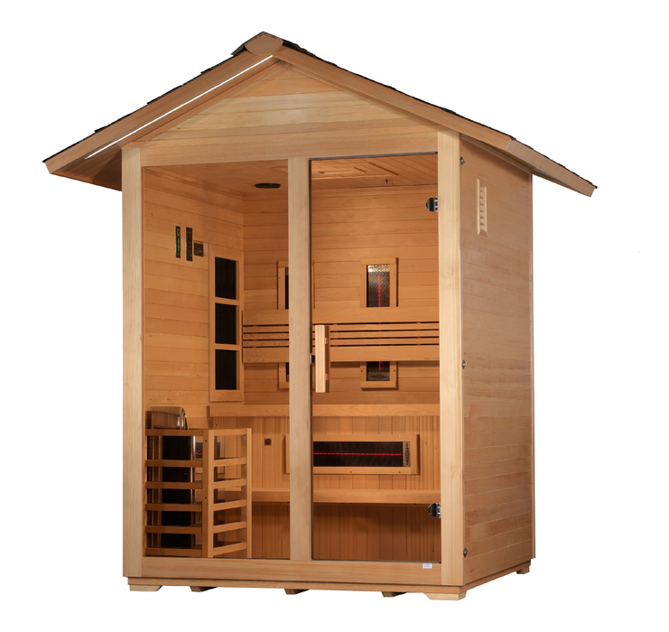 Golden Designs "Carinthia" 3 Person Hybrid (PureTech™ Full Spectrum IR or Traditional Stove) Outdoor Sauna - Canadian Hemlock