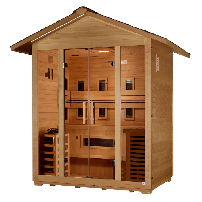 Golden Designs "Gargellen" 5 Person Hybrid (PureTech™ Full Spectrum IR or Traditional Stove) Outdoor Sauna - Canadian Hemlock