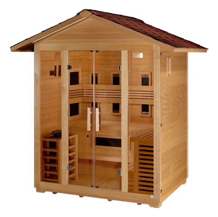 Golden Designs "Gargellen" 5 Person Hybrid (PureTech™ Full Spectrum IR or Traditional Stove) Outdoor Sauna - Canadian Hemlock