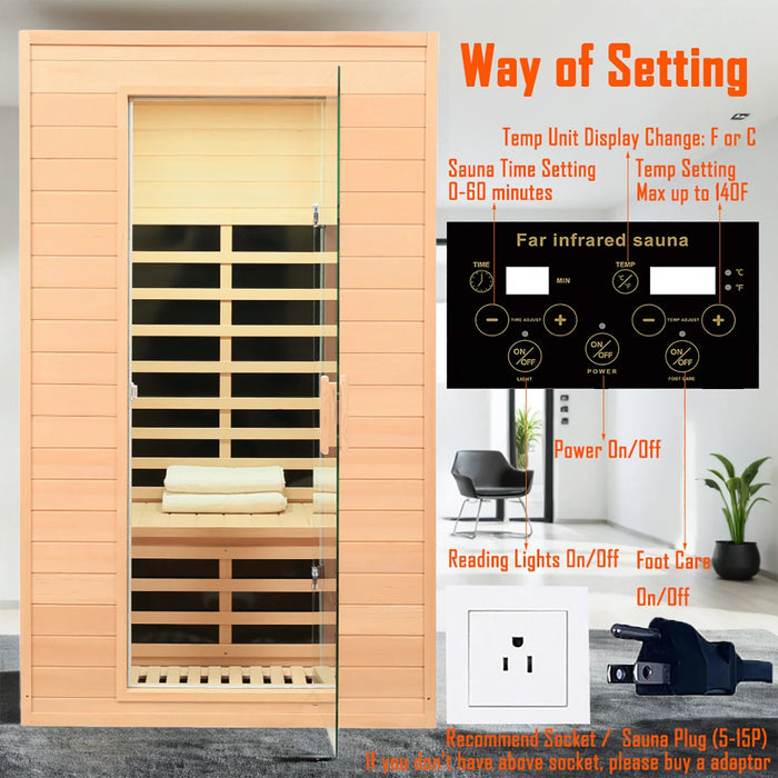 Indoor Far Infrared Hemlock Wood Sauna for Two People 1500W