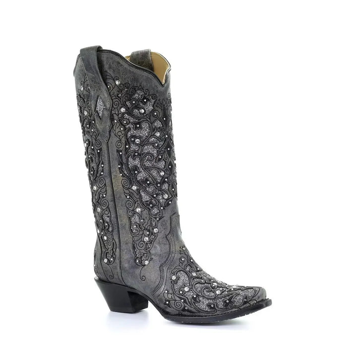 Sequined Retro Embroidered Long Boots with Pointed Toe and Color Block Heel