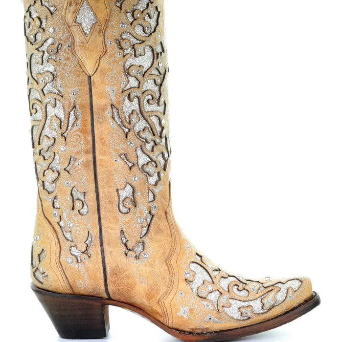 Sequined Retro Embroidered Long Boots with Pointed Toe and Color Block Heel