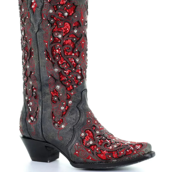 Sequined Retro Embroidered Long Boots with Pointed Toe and Color Block Heel