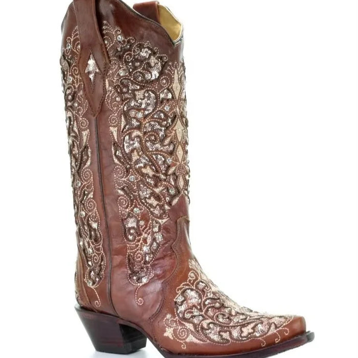 Sequined Retro Embroidered Long Boots with Pointed Toe and Color Block Heel