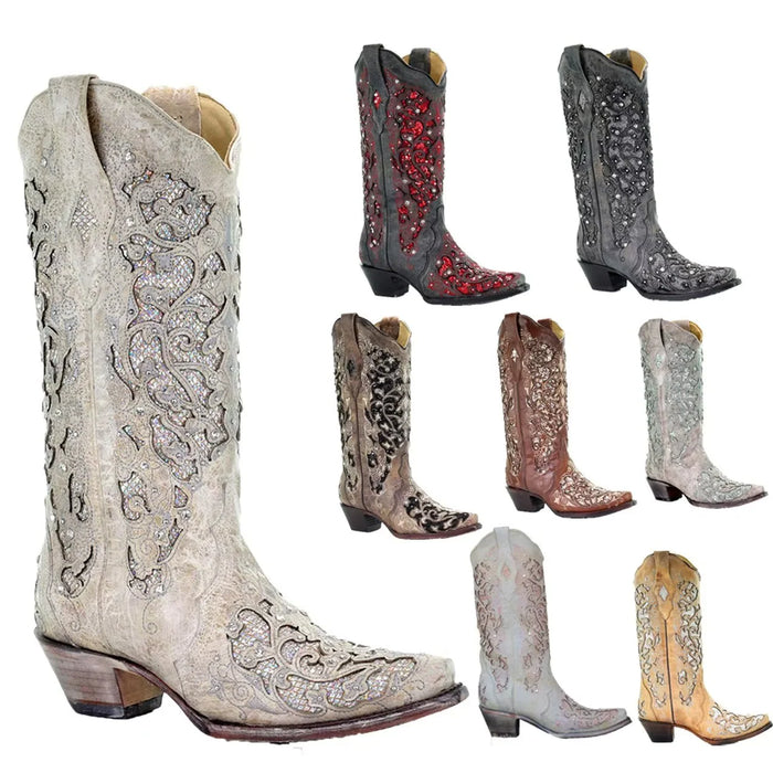 Sequined Retro Embroidered Long Boots with Pointed Toe and Color Block Heel