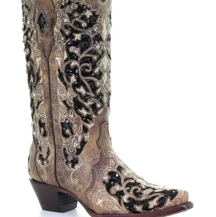 Sequined Retro Embroidered Long Boots with Pointed Toe and Color Block Heel