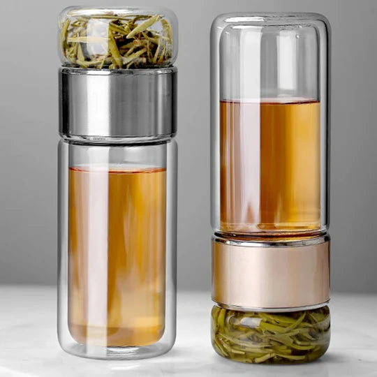 Borosilicate Glass Double Layer Tea Infuser Bottle with Built-in Strainer