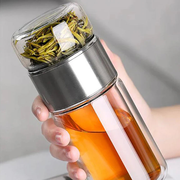 Borosilicate Glass Double Layer Tea Infuser Bottle with Built-in Strainer