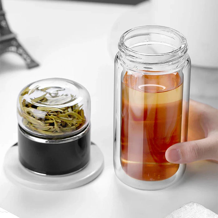 Borosilicate Glass Double Layer Tea Infuser Bottle with Built-in Strainer