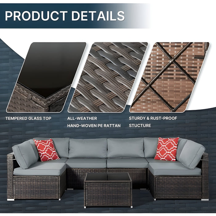 7 Piece Outdoor Patio Furniture Set, All Weather PE Rattan Sectional Sofa with Table