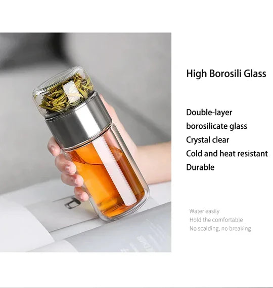 Borosilicate Glass Double Layer Tea Infuser Bottle with Built-in Strainer