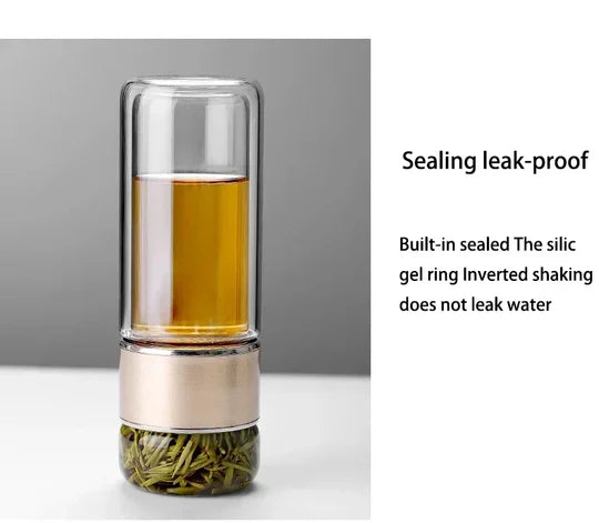 Borosilicate Glass Double Layer Tea Infuser Bottle with Built-in Strainer