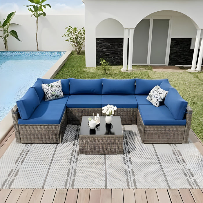7 Piece Outdoor Patio Furniture Set, All Weather PE Rattan Sectional Sofa with Table