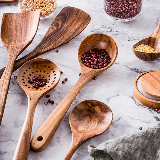 Natural Teak Wood Kitchen Utensil Set, Eco-Friendly Non-Toxic Cooking Tools for Everyday Use
