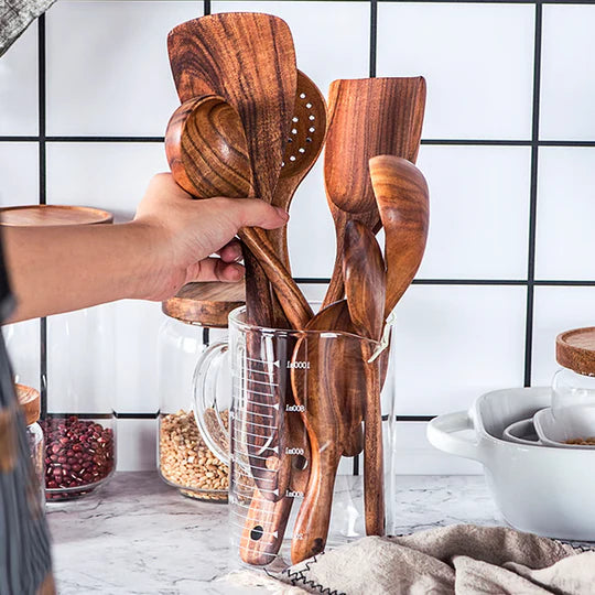 Natural Teak Wood Kitchen Utensil Set, Eco-Friendly Non-Toxic Cooking Tools for Everyday Use