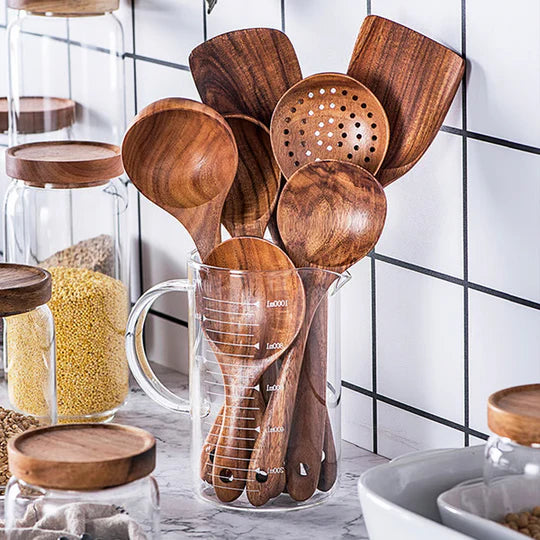 Natural Teak Wood Kitchen Utensil Set, Eco-Friendly Non-Toxic Cooking Tools for Everyday Use