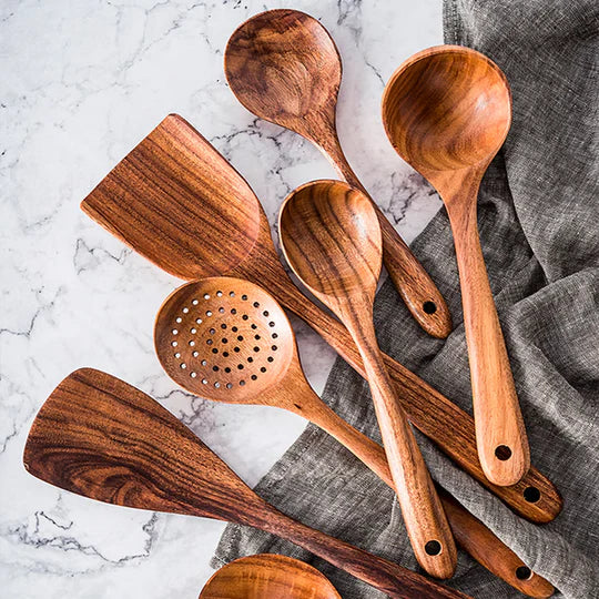 Natural Teak Wood Kitchen Utensil Set, Eco-Friendly Non-Toxic Cooking Tools for Everyday Use