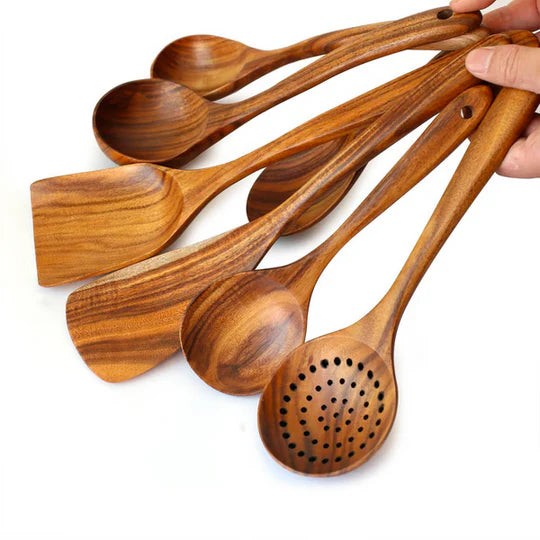 Natural Teak Wood Kitchen Utensil Set, Eco-Friendly Non-Toxic Cooking Tools for Everyday Use