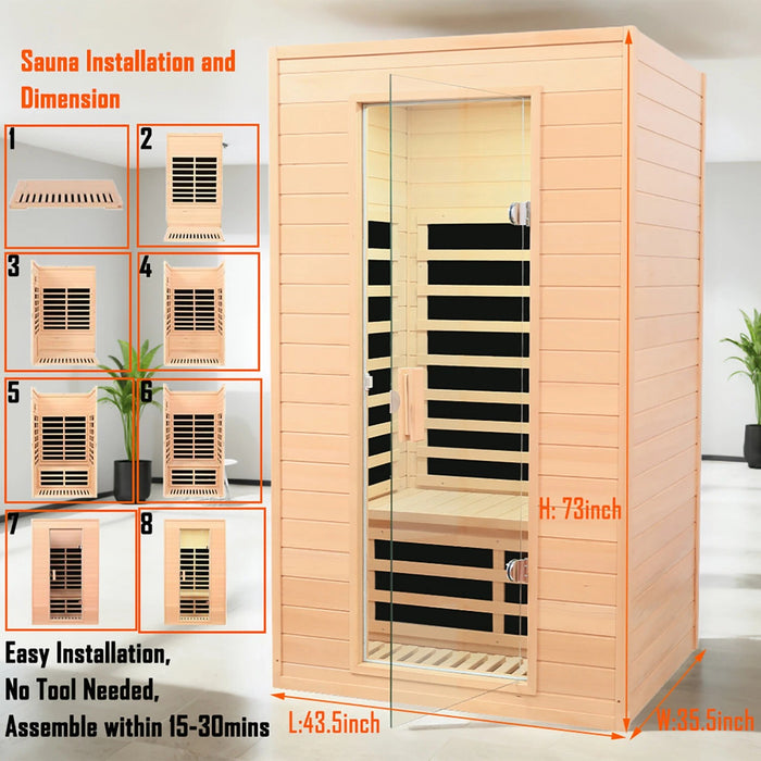Indoor Far Infrared Hemlock Wood Sauna for Two People 1500W